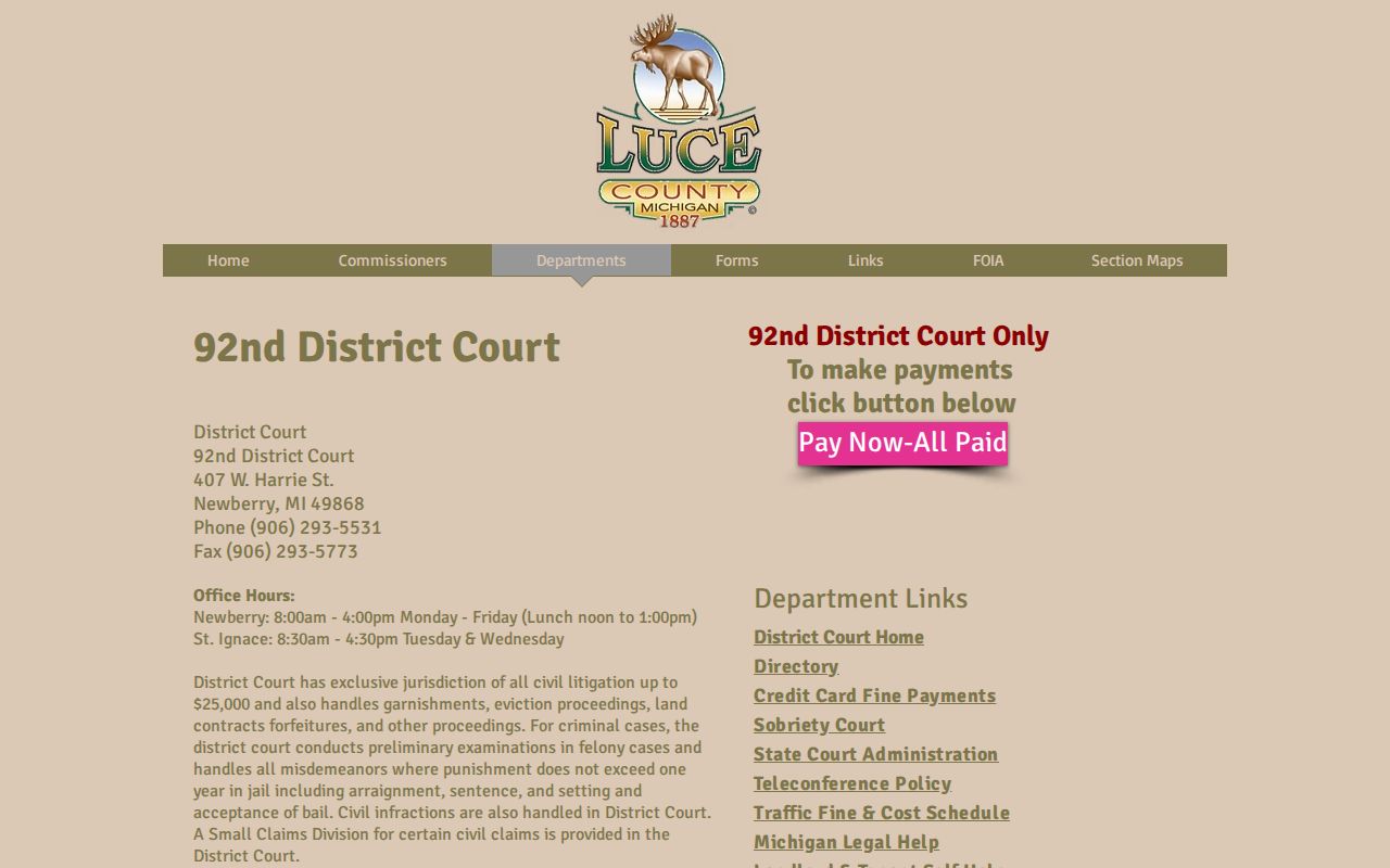 Luce County arrest warrant and district court information